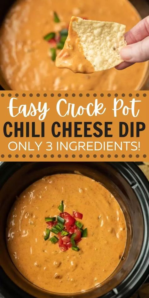 Make this easy 3 ingredient chili cheese dip in your slow cooker! This crock pot chili cheese dip with Velveeta is easy to make and delicious too! This slow cooker dip recipe is gluten free and simple to make in minutes! #eatingonadime #diprecipes #crockpotrecipes #appetizerrecipes Chili Cheese Queso Dip, Slow Cooker Chili Cheese Dip, Crockpot Chili Dip, Crock Pot Chili Cheese Dip, Chilli Cheese Dip Crockpot, Easy Crockpot Chilli, Dip Recipes With Cream Cheese, Crockpot Chili Cheese Dip, Chilli Cheese Dip