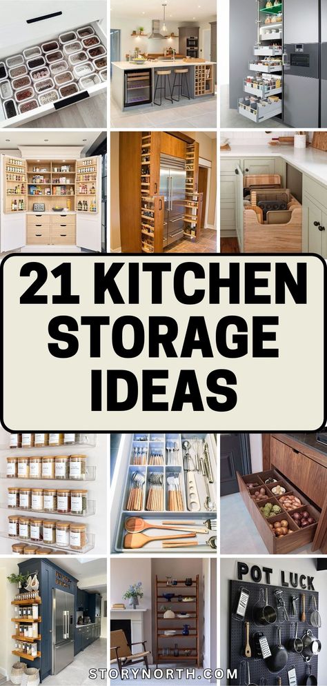 Save this pin for clever kitchen storage solutions that will transform your space! Discover practical ideas to maximize every inch of your kitchen. #KitchenStorage #HomeOrganization #DIYIdeas Kitchen Side Cabinet Storage Ideas, Vertical Kitchen Storage Ideas, Creative Kitchen Storage, Creative Bathroom Storage Ideas, Plate Rack Wall, Tall Kitchen Cabinets, Kitchen Island Storage, Glass Kitchen Cabinets, Clever Kitchen Storage