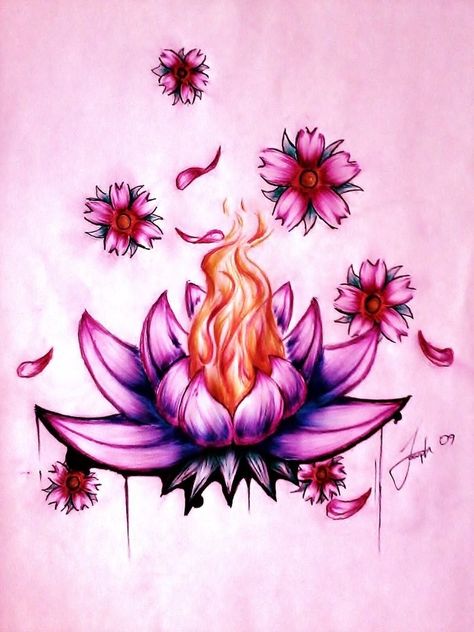 Lotus in fire,  created by LeSweetLou. Love it! Flower Art Drawing Beautiful, Ace Of Hearts Tattoo, Biblical Angel Tattoo, Flower Drawing Tumblr, Drawing Ideas Flowers, Biblical Angel, Lotus Flower Images, Lotusblume Tattoo, Lotus Flower Drawing