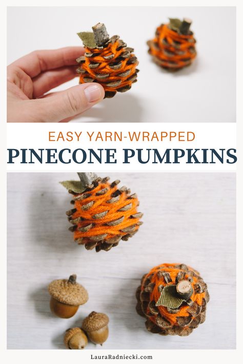 Here's a fun nature craft idea and a cute fall kids craft, all in one easy project! Yarn-wrapped pinecone pumpkins are a fun way to use pinecones in fall decor, and are perfect for fine motor skill practice in little kids. Plus they're just so cute as part of your fall decorations! Fall Yarn Crafts For Kids, Pinecone Pumpkin Craft, Pine Cone Fall Crafts, Fall Bead Crafts, Fall Crafts Seniors, Halloween Pinecones, Pinecone Pumpkin, Halloween Nature, Halloween Doors