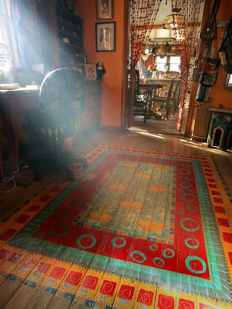 Sol ♦ Hand painted floor Boho Wood Floors, Floor Art Painted, Painted Floor Rug, Painted Rug On Deck, Painted Rugs On Wood Floors, Paint Rug, Stenciled Floors, Painted Rugs, Painting Floors