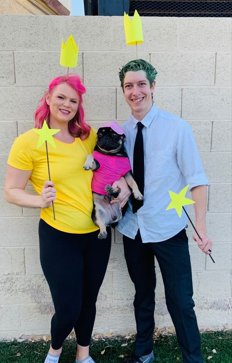 Fairly odd parents Timmy Turner Vicky the babysitter Trixy Tang Couple costume Dog costume Fairly Odd Parents Costume Family, Fairly Odd Parents Costume Couple, Couple Costume With Dog, Diy Couple Costumes, Cute Couple Costumes For Halloween, Fairly Odd Parents Costume, Couple Costumes For Halloween, Halloween Couple Costume, Funny Couple Costumes