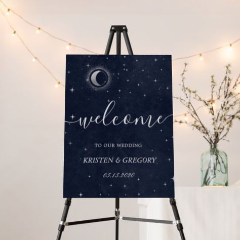 Midnight Blue Wedding, Celestial Wedding Theme, Blue Gold Wedding, Starry Night Wedding, Moon Wedding, Gold Wedding Theme, Celestial Wedding, Blue Theme, Welcome To Our Wedding