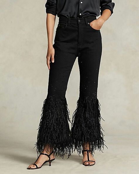 Feather Trim, Ralph Lauren Jeans, Create Outfits, Holiday Dresses, Jet Black, Black Beads, Rivets, High Jeans, Satin Dresses