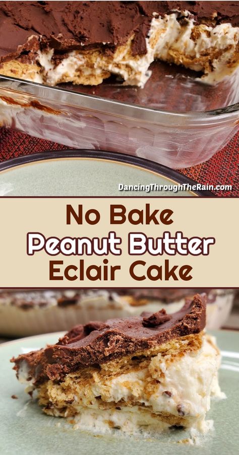 This delicious No Bake Peanut Butter Eclair Cake is about to become one of your favorite desserts! With creamy peanut butter creme, chocolate ganache, and layers of graham crackers, this is one of those peanut butter desserts that is a twist on a classic. You may ever be able to go back to a regular eclair cake! #peanutbuttercakes #eclaircakes No Bake Peanut Butter Eclair, No Bake Peanut Butter Eclair Cake Recipe, Peanut Butter Eclair Dessert, Peanut Butter Eclair Cake No Bake, No Bake Chocolate Peanut Butter Eclair Cake, Peanut Butter Chocolate Eclair Cake, No Bake Peanut Butter Eclair Cake, Chocolate Eclair Cake No Bake, Peanut Butter Eclair Cake