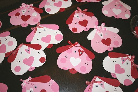 handmade Valentines: Puppy Love Valentine Cards by Bunches and Bits {Karina}  ... way tooo cute with puppy dog faces made in red and pink and mostly heart shapes ... punch/die cut art ... Happy Hearts Day, Preschool Valentines, February Valentines, Homemade Valentines, Valentines Day Activities, Valentines School, Classroom Crafts, Handmade Valentine, Valentine Day Crafts