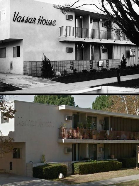 The Vassar House Apartments at 7043 Vassar Street in Canoga Park looks little changed since the Janro Corporation completed it in early 1965. Of course, the building now has a ghost sign, and has lost its outdoor light fixtures. (Bizarre Los Angeles) Old Neon Signs, Canoga Park, Valley Girl, Ghost Signs, San Fernando Valley, Valley Girls, Outdoor Light Fixtures, Outdoor Light, A Ghost