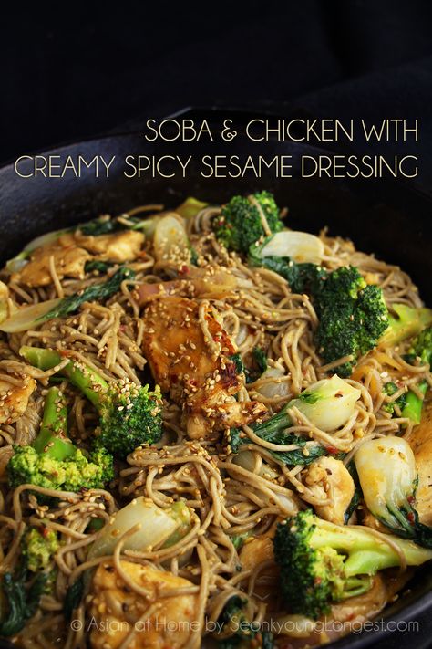 Soba and Chicken with Creamy Spicy Sesame Dressing - Asian at Home Tahini Noodles, Asian At Home, Boiled Broccoli, Soba Recipe, Soba Noodles Recipe, Pasta With Mayonnaise, Seonkyoung Longest, Soba Noodle, Food Vegetarian