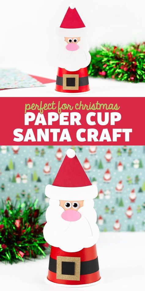 Paper Cup Santa Craft - This festive Paper Cup Santa Craft includes a free printable template, making it easy and fun for kids of all ages! via @firefliesandmudpies Plastic Cup Christmas Crafts, Christmas Paper Cup Craft, Paper Cup Santa Craft, Christmas Santa Craft, Christmas Snow Globe Craft, Future Grandma, Xmas Inspiration, Santa Claus Crafts, Santa Craft