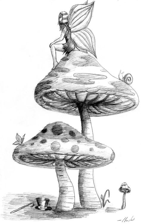 Fairy Mushrooms Drawing, Fairy On Toadstool Drawing, Cool Fairy Drawings, Fairy Sketches Aesthetic, Fairy And Mushroom Drawing, Fairy Theme Drawing, Mushroom Fairy Sketch, Fairy Scene Drawing, Fairy On A Mushroom Drawing