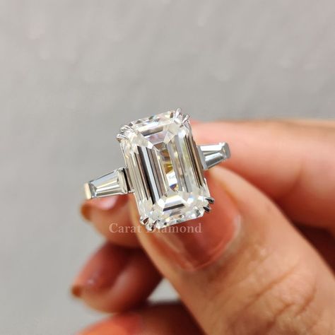 three stone moissanite engagement ring Two Tone Wedding Ring, Trilogy Rings, Ring Inspo, Big Ring, Big Rock, Emerald Cut Engagement, Claw Prong, Ring Emerald, Moissanite Jewelry