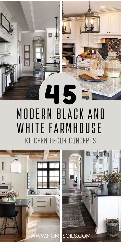 Clean Modern Farmhouse Kitchen, Kitchen Modern Farmhouse Decor, White And Black Farmhouse Interior, Black And White Farmhouse Kitchen Decor Ideas, White Kitchens With Black Accents, White And Black Homes, Black And White Farmhouse Kitchen Ideas, Farmhouse Modern Kitchen Ideas, Kitchen Design White And Black