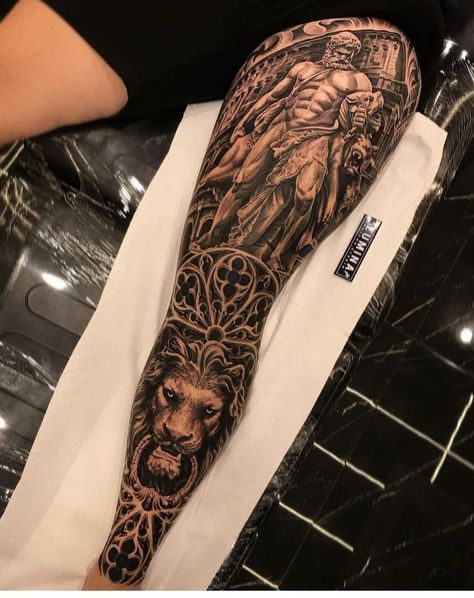 Realistic Leg Sleeve Tattoo, Black And Grey Forearm Tattoo Men, Roman Leg Sleeve Tattoo, Mens Full Leg Sleeve Tattoo, Men’s Leg Sleeves, Roman Leg Tattoo, Men’s Sleeve Tattoo Ideas Greek Gods, Men’s Calf Sleeve Tattoo Ideas, Leg Sleeve Tattoo Men Full Ideas