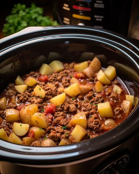 If there were a dish I could eat over and over again, this would be it Crockpot Recipes For Beef, Ground Meat Recipes Crockpot, Dry Beef Recipes, Crockpot Recipes Using Ground Beef, Big Pot Meals, Ground Beef Crock Pot, Poor Man's Stew, Crockpot Ground Beef Recipes, Poor Mans Stew