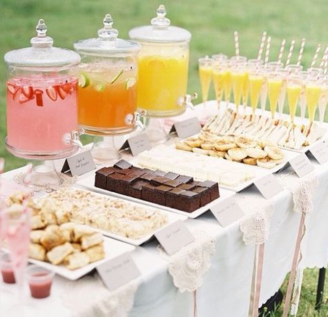 Dessert Table with Drink Stand Cute Brunch Bridal Shower Ideas, Party Theme Colors Schemes, Bridal Shower Buffet Table Display, Backyard Bridal Shower Decorations, Classy Grad Party, Money Movies, Summer Bridal Shower Decorations, Senior Brunch, Ideas Para Catering