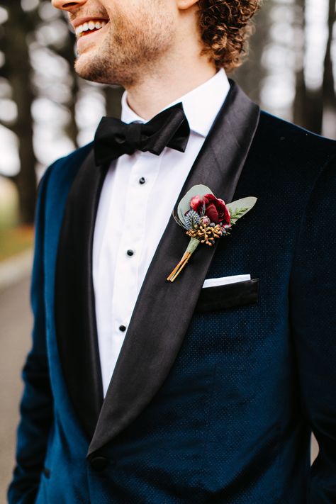 Black Velvet Tuxedo Wedding, Nyc Winter Wedding, Blue Velvet Suit, Knight Photography, Men Tuxedo, Winter Dream, Groom Tux, White Boutonniere, Wedding Tux