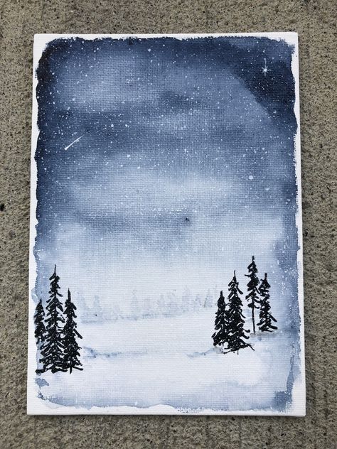 Watercolor Snowy Night Snow In Watercolor, Winter Night Watercolor, Snow Watercolor Paintings, Snowy Tree Painting, Watercolor Paintings Winter, Snowy Watercolor, Snowy Watercolor Landscape, Watercolor Christmas Landscape, Snowy Drawing