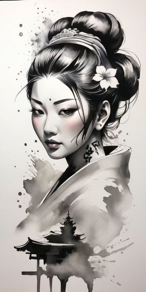 Japanese Geisha Drawing, Japanese Geisha Tattoo, Geisha Drawing, Geisha Artwork, Japanese Leg Tattoo, Art Tattoo Design, Samurai Warrior Tattoo, Geisha Tattoo Design, Women Celebrating