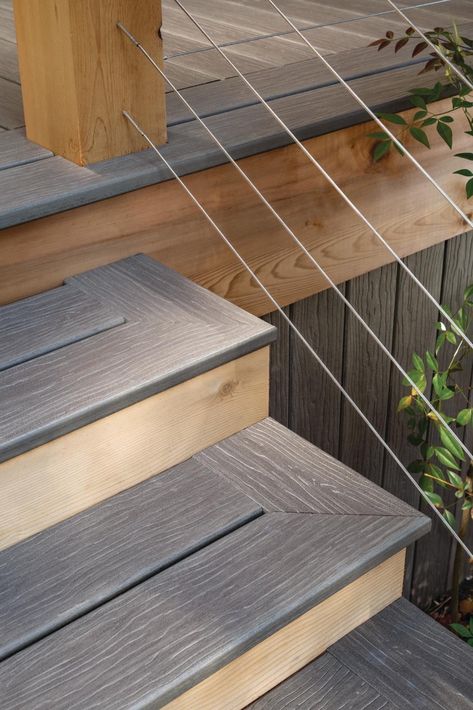 Deck Stair Design Ideas, How To Build Composite Deck Stairs, Boat Dock Storage Closet Ideas, Low Decks Without Railings, Composite Stairs To Patio, Diy Composite Deck, Trex Deck Stairs, Newtechwood Deck, Composite Steps