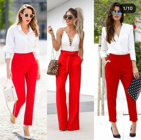 Palazzo Rojo Outfit, Outfits Pantalon Rojo, Red Trousers Outfit Classy, Red Pants Fashion, Red Trousers Outfit, Outfit Pantalon Rojo, Red Pants Outfit, Fashionable Work Outfit, Red Trousers