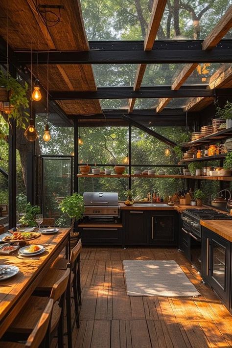 Contemporary Farmhouse Decor, Greenhouse Kitchen, Forest Kitchen, Rustic Outdoor Kitchens, Modern Outdoor Kitchen, Indoor Outdoor Kitchen, Outdoor Kitchen Plans, Casa Country, Kitchen Outdoor