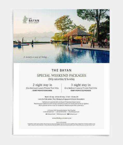 Hotel Package Flyer Template INDD Ad Layout Design Inspiration, Hotel Promotion Design, Hotel Flyer Design, Hotel Poster Design, Resort Ads, Hotel Graphic Design, Hotel Marketing Design, Hotel Poster, Luxury Advertising