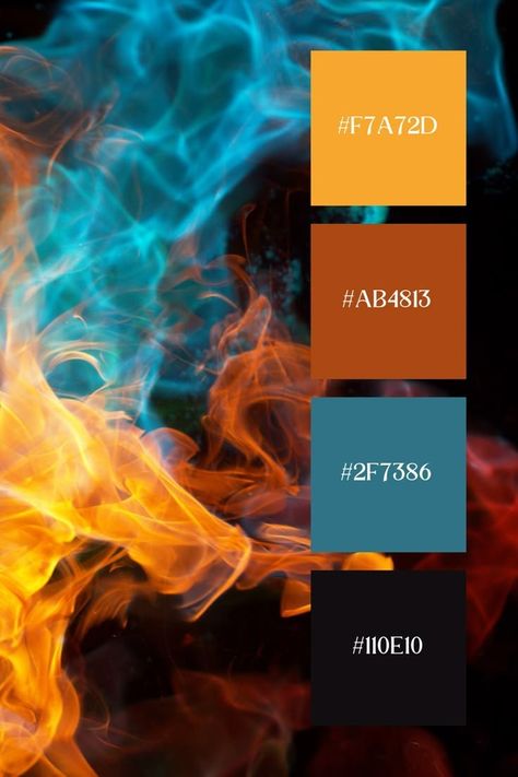 Fiery Color Palette, Elemental Color Palette, Solar Color Palette, Color Palettes Design, Contrasting Colors Combinations, Flame Color Palette, Energy Color Palette, Blue Orange Color Palette, Fire Color Palette