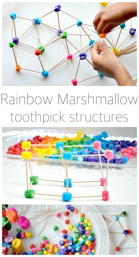 Build Rainbow marshmallow toothpick structures - a lesson in math and fine motor skills AND PATIENCE! Indoor Group Games For Kids, Toothpick Tower, Marshmallow Toothpick, Indoor Group Games, Rainbow Marshmallow, Group Games For Kids, Imagination Tree, Kids Motor Skills, Invitation To Play