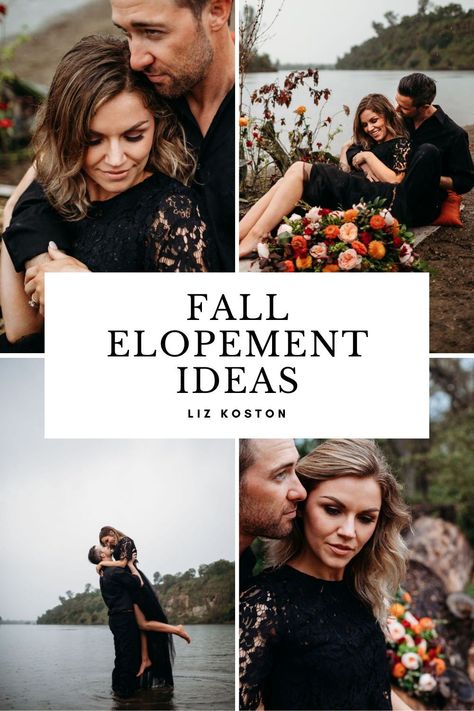 Are you planning to elope in the Fall in California? Find your own fall elopement ideas and inspiration with this beautiful black wedding dress elopement in Northern California. Liz Koston is a California elopement photographer who knows the best places to elope in California, like this lakeside Sacramento elopement. Schedule your fall elopement photoshoot with Liz Koston today! Black Dress Elopement Photos, Places To Elope In California, Elope Photoshoot, October Elopement Ideas, Black Elopement Dress, Fall Elopement Ideas, Fall Elopement, Boho Wedding Pictures, Bohemian Wedding Photography