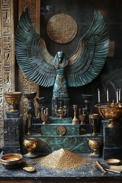 ✨🔮 Dive into the mysticism of ancient Egypt with our stunning depiction of the 'Egyptian Ritual of Calling Upon Osiris for Power and Wealth.' 🌟🕌 Imagine a captivating altar adorned with golden chalices and alabaster vessels, surrounded by black and white candles, all against a backdrop of intricate hieroglyphs. 🌿💫 Let the rich color palette of deep blacks, opulent golds, and lush greens transpo... Winged Statue, Black And White Candles, Golden Statue, Ivory Tower, Dark Mysterious, Egyptian God, Egyptian Hieroglyphics, Rich Color Palette, Egyptian Gods