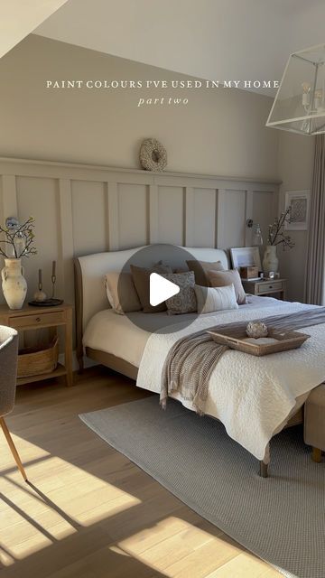 Chloe Dulieu on Instagram: "Part two of colours I’ve used in my home!  Don’t forget to save for future reference 😘  #colours #paint #neutralhome #farrowandball #neutrals #calming #restful #bedrooms #inspo #interiors #countryhome #panelling #bathroom #bathroominspo #bedroominspo #paintinspo" Natural Bedroom Panelling, Neutral Bedroom Colours, Neutral Bedroom Panelling, Colours For Small Rooms, Panelling Paint Colours, Bedroom Wall Colours, Bedroom Panelling Ideas, Colour Schemes Bedroom, Paint Bedroom Ideas