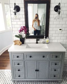 bathroom white subway tiles behind vanity Apartment Farmhouse, Sink Mirror, Farmhouse Apartment, Bathroom Makeovers, Bad Inspiration, Decor Baie, Style Bathroom, 아파트 인테리어, Upstairs Bathrooms