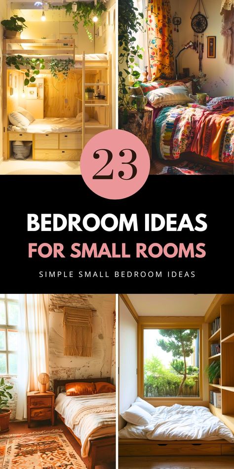 Discover 23 bedroom ideas for small rooms that blend cozy, modern, and bohemian styles. From DIY projects to vintage aesthetics, these simple yet chic designs cater to women and couples seeking affordable transformations. Save this pin to your "Small Bedroom Inspiration" board and visit the article for more ideas. Tiny Bedroom Ideas For Couples, Small Sleeping Spaces, Tiny Bedroom Ideas, Small Bedroom Layout Ideas, Small Bedroom Ideas For Women, Small Bedroom Ideas For Couples, Cozy Small Bedrooms, Organization Hacks Bedroom, Space Saving Bedroom