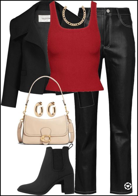 Red Tank Top Outfit Winter, Silk Tank Top Outfit, Red Tank Top Outfit, Straight Leather Pants, Red V Neck Top, Working Girl Outfits, Tank Top Outfit, Red Tank Top, Tank Top Outfits