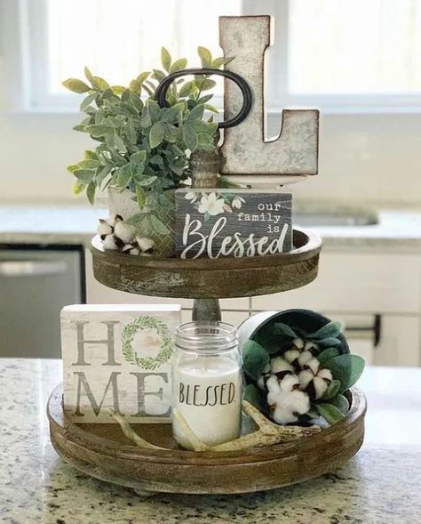 Enjoy These 70 Marvellous Tray Spring Decoration Ideas ~ Matchness.com Three Tiered Tray, Farmhouse Summer Decor, Diy Farmhouse Decoration, Deco Champetre, Kitchen Island Decor, Island Decor, Farmhouse Decoration, Kitchen Decorating, Country Farmhouse Decor