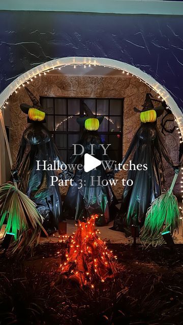 Morgan Elizabeth on Instagram: "DIY Halloween Witches How-To🧙‍♀️ Part 3!  Make a stand. We used leftover PVC pipes and a 4-way fitting to make a stand. We wanted life-size witches, so we made them tall—over 5.5 ft.  Make an upper body form. We used grocery bags that we had and tied them to the PVC pipes.  Make a lower body. We used a pool noodle that we cut in half and zip-tied to each side.  Make a dress. We used black plastic sheeting. We made life-size witches and wanted the dresses long to fit them, so we cut it over 8 ft. Drape it over the stand evenly. Check to make sure you like the flow of the dress. Pull together and zip-tie under the upper body.  Make a head. We used a pumpkin candy bin. We drilled a hole in the center of the bottom and placed it on top of the PVC for the head. Life Size Witch, Diy Halloween Witch, Dollar Tree Halloween Decor, Morgan Elizabeth, Make A Dress, Dollar Tree Halloween, Pvc Pipes, Witch Diy, Pool Noodle