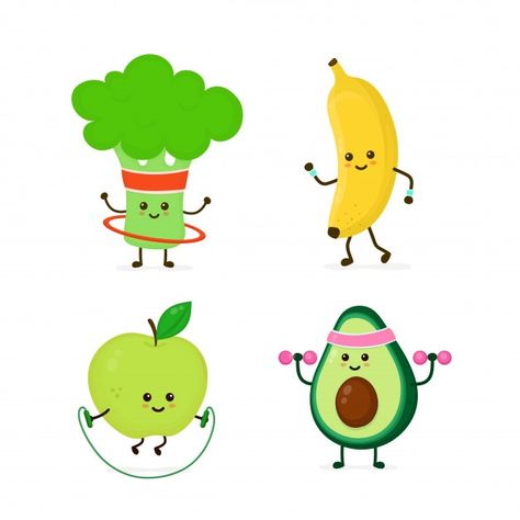 Cute smiling healthy food doing exercise... | Premium Vector #Freepik #vector #food #nature #sport #character Healthy Food Cartoon, Healthy Cartoon, Vegetable Cartoon, Healthy Fruits And Vegetables, Vegetable Illustration, Food Art For Kids, Cartoon Clip, Children Sketch, Food Clipart