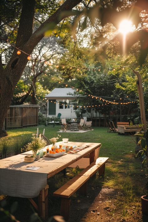 A sunlit backyard with a long wooden picnic table set for a meal, surrounded by string lights and trees, creating a cozy and inviting atmosphere. Backyard For Hosting, Adirondack Seating Area, Outdoor Bonfire Ideas Backyards, Bonfire Backyard Ideas, Gazebo In Backyard, Picnic Table Backyard, Wooded Backyard Ideas, Fun Backyard Party Ideas, Garden Bbq Ideas