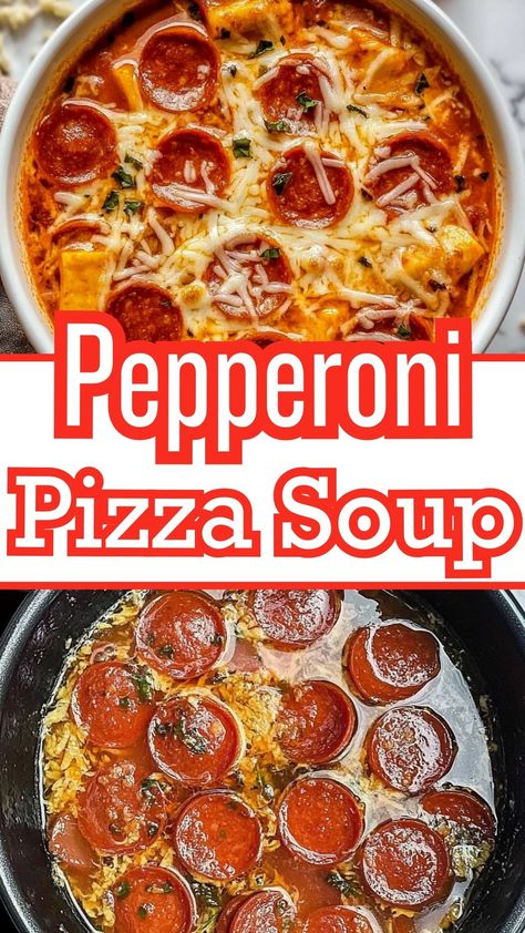 Pepperoni Pizza Soup Crockpot Pizza Soup Recipes, Pepperoni Soup Recipe, Pepperoni Pizza Soup, Pizza Soup Crockpot, Leftover Pizza Ideas, Keto Pizza Soup, Ditalini Soup Recipes, Pepperoni Soup, Pizza Soup Recipe