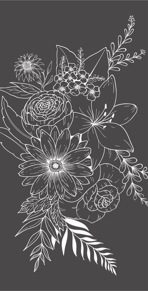 Floral Illustrations Black And White, Boho Flower Drawing, Boho Background Wallpapers, Black And White Floral Drawing, Drawing Ideas Flowers, Black Paper Drawing Ideas, Paper Drawing Ideas, Animal Tattoo Ideas, Decoration Vitrine