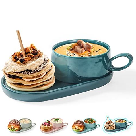 Artena Solid Soup and Sandwich Plate Combo, 16 oz Soup Bowls/Mugs/Cups with Handles in 9.85-inch Ceramic Plates, Glazed Soup and Side/Cracker Bowls Sets for Breakfast, Bread Dipping Bowls, Teal Blue Cute Soup Bowls, Soup Bowls Ceramic Design, Soup Mugs With Handles, Soup Bowls Ceramic, Pottery Idea, Bread Dipping, Sandwich Platter, Creative Breakfast, Dipping Bowls