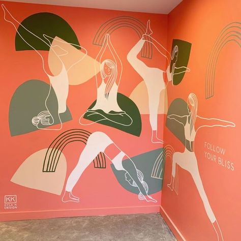 Yoga Studio Wall Mural, Gym Mural Ideas, Yoga Studio Mural, Gym Mural, Dance Studio Design, Indoor Mural, Follow Your Bliss, Doodle Wall, K Design