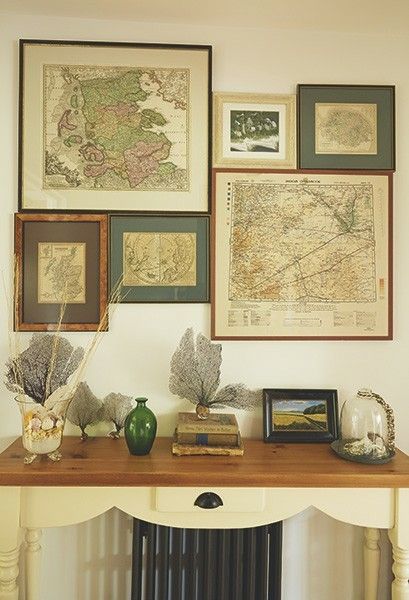 Map Collage Wall, Antique Maps Decor, Map On Wall, Map Gallery Wall, Decorating With Maps, Vintage Map Decor, Renovated Victorian, Maps Aesthetic, Travel Gallery Wall