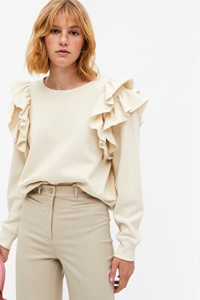 Ruffle sleeve sweater - Off-white - Sweatshirts & hoodies - Monki GB Off White Sweatshirt, Low Rise Trousers, Spring Layers, Ruffle Sleeve Sweater, Party Picks, Sleeves Sweater, Cute Prints, Trouser Outfits, Boat Neck Tops