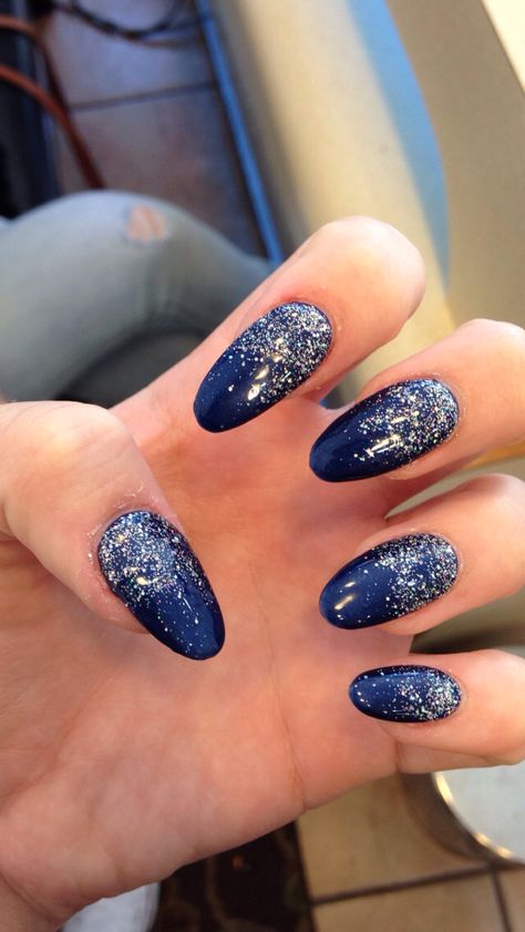 Dark Navy Blue And Silver Nails, Dark Blue And Silver Glitter Nails, Navy Blue Prom Nails Silver, Dark Blue Silver Makeup, Navy And Silver Makeup Ideas, Navy Blue And Silver Almond Nails, Navy And Silver Nails Prom, Navy Blue Nails With Silver Glitter, Acrylic Nails For Navy Blue Prom Dress