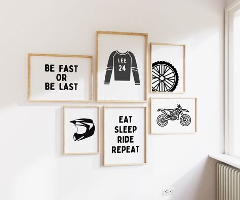 Personalized Name Dirt Bike BMX Modern Gallery Wall Set of 6 Downloadable Prints, Sport Boy Nursery Decor, Quote Play Wall Art, Printable by RainbowshineDesign on Etsy Dirt Bike Bedroom, Dirt Bike Room, Play Wall, Boy Nursery Decor, Bike Room, Modern Gallery Wall, Downloadable Prints, Big Boy Room, Print Frame