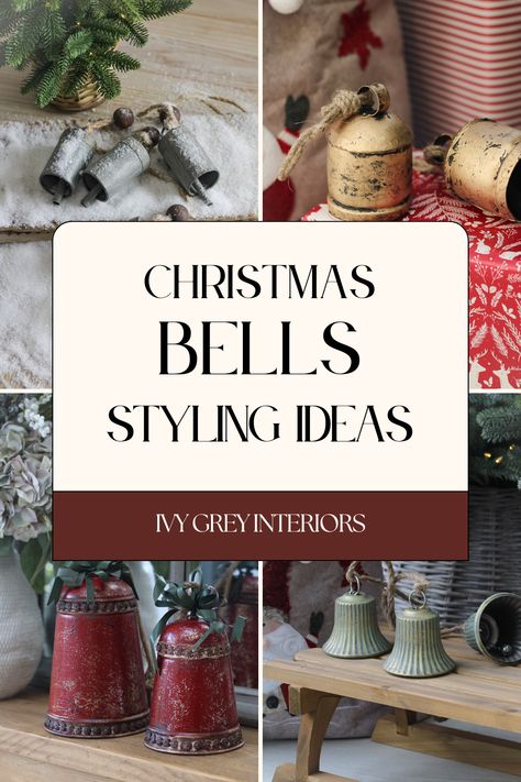 Style your Christmas decor with timeless charm using bells! From antique cow bells to festive garlands and vintage bell sets, there's a bell for every theme. Add a rustic touch with bell garlands draped across your mantle, or use charming antique bells to create a focal point. Incorporate cow bells for a natural, farmhouse vibe, or hang vintage red and green bells on your tree for a nostalgic touch. Find stunning Christmas bells to add festive magic to your home! #ChristmasDecor #ChristmasBells Christmas Tree Topper With Bells, Bell Display Ideas, Christmas Mantel With Bells, Decorating With Christmas Bells, Large Bells Christmas Decor, Christmas Bell Decorations Ideas, Christmas Decorating With Bells, Large Christmas Bells Decorations, Bell Christmas Tree