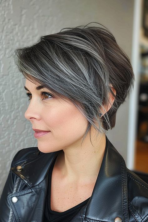 Unique Shaggy Lixie Cuts for a Distinctive Look in 2024 Dark Shaggy Hair, Pixie Brown Hair With Highlights, Charcoal Hair Color, Dark Short Shag Haircut, Short Grey Hair Over 50 Modern Haircuts, Halle Berry Shag Haircut, Dark Brown Shaggy Bob, Charcoal Grey Hair, "bixie" Haircut 2024