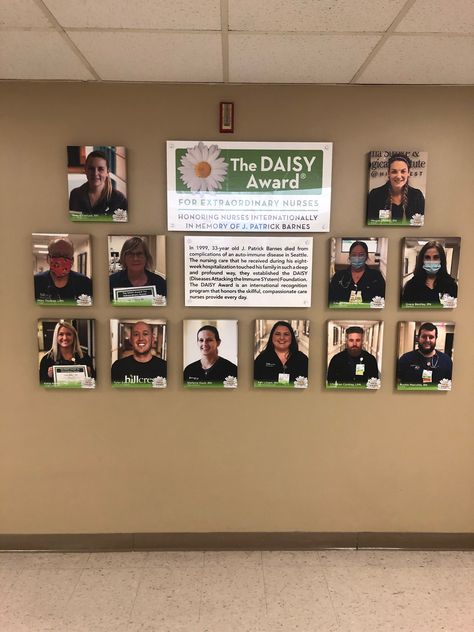 Love the large photos on Hillcrest Medical Center's DAISY wall display! Daisy Award Bulletin Board Ideas, Employee Recognition Board Display, Daisy Award Nurse Ideas, Employee Picture Wall, Daisy Award Nurse Display, Employee Photo Wall, Engagement Committee, Employee Recognition Board, Award Wall