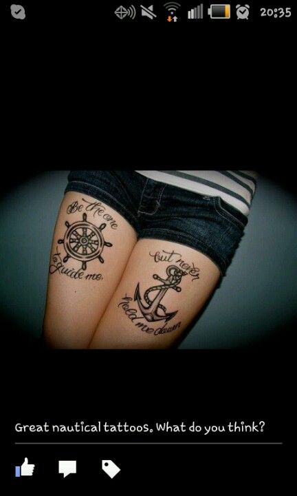 matching thigh tattoos Simple Anchor Tattoo, Anker Tattoo Design, Upper Thigh Tattoos, Anchor Designs, Tattoo Guide, Wheel Tattoo, Girl Thigh Tattoos, Sailor Tattoos, Anchor Tattoo Design